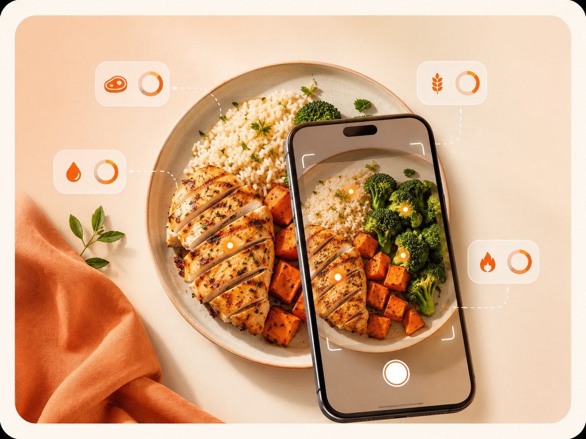 Scanning a healthy meal with your phone to estimate calories and protein